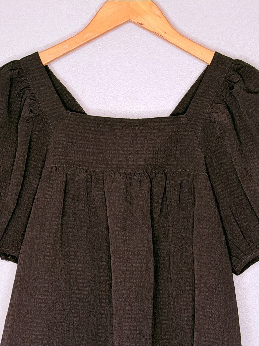 NEW Madewell Seersucker Black Square-Neck Bubble Sleeve Tie Back Top Size S NWOT